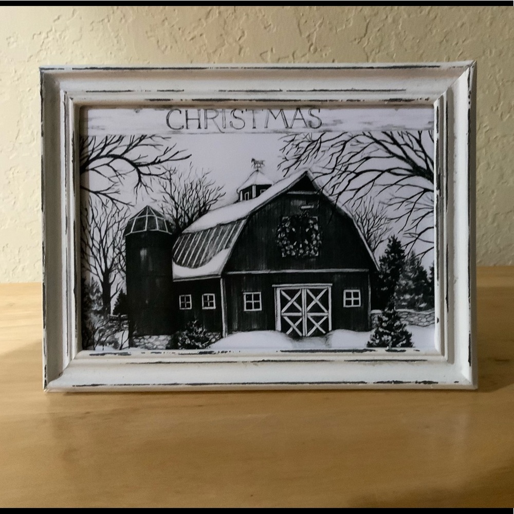 Farmhouse Christmas country barn picture 5x7 w/frame